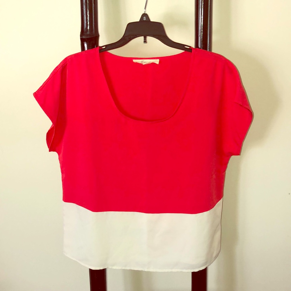 Coral & White Color-block Blouse
